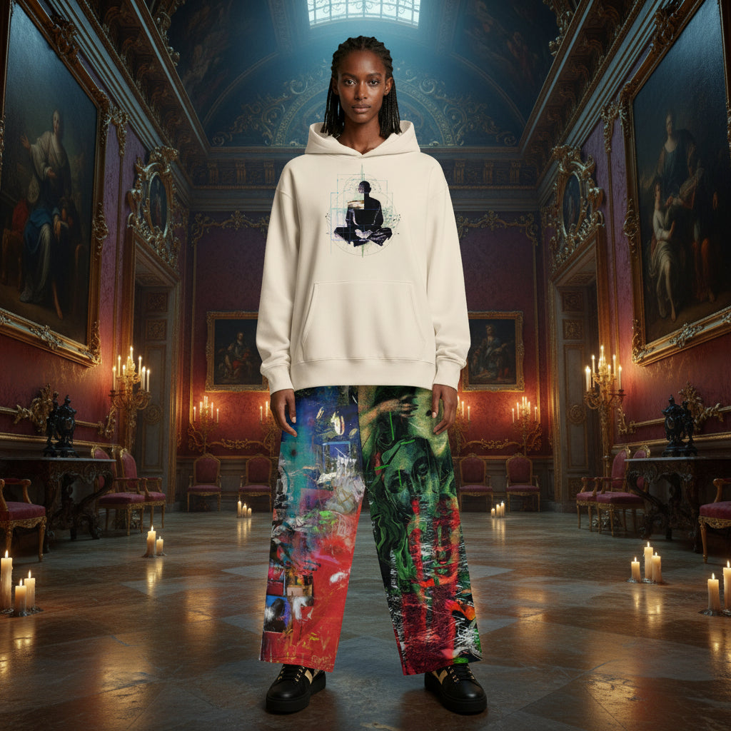 A model stands in a grand, candle-lit historical room wearing a cream-colored hoodie with a black graphic print on the chest and wide-leg pants featuring a vibrant, multicolored abstract pattern. The room has ornate gold-framed paintings on the walls, red velvet chairs, and lit candles on the floor.