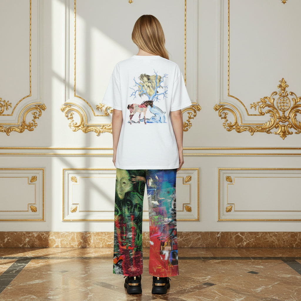 A model viewed from behind wearing a white t-shirt with a colorful graphic print on the back and matching multicolor patterned wide-leg pants, standing in a luxurious room with gold-trimmed cream walls and marble floors.