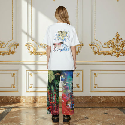 A model viewed from behind wearing a white t-shirt with a colorful graphic print on the back and matching multicolor patterned wide-leg pants, standing in a luxurious room with gold-trimmed cream walls and marble floors.