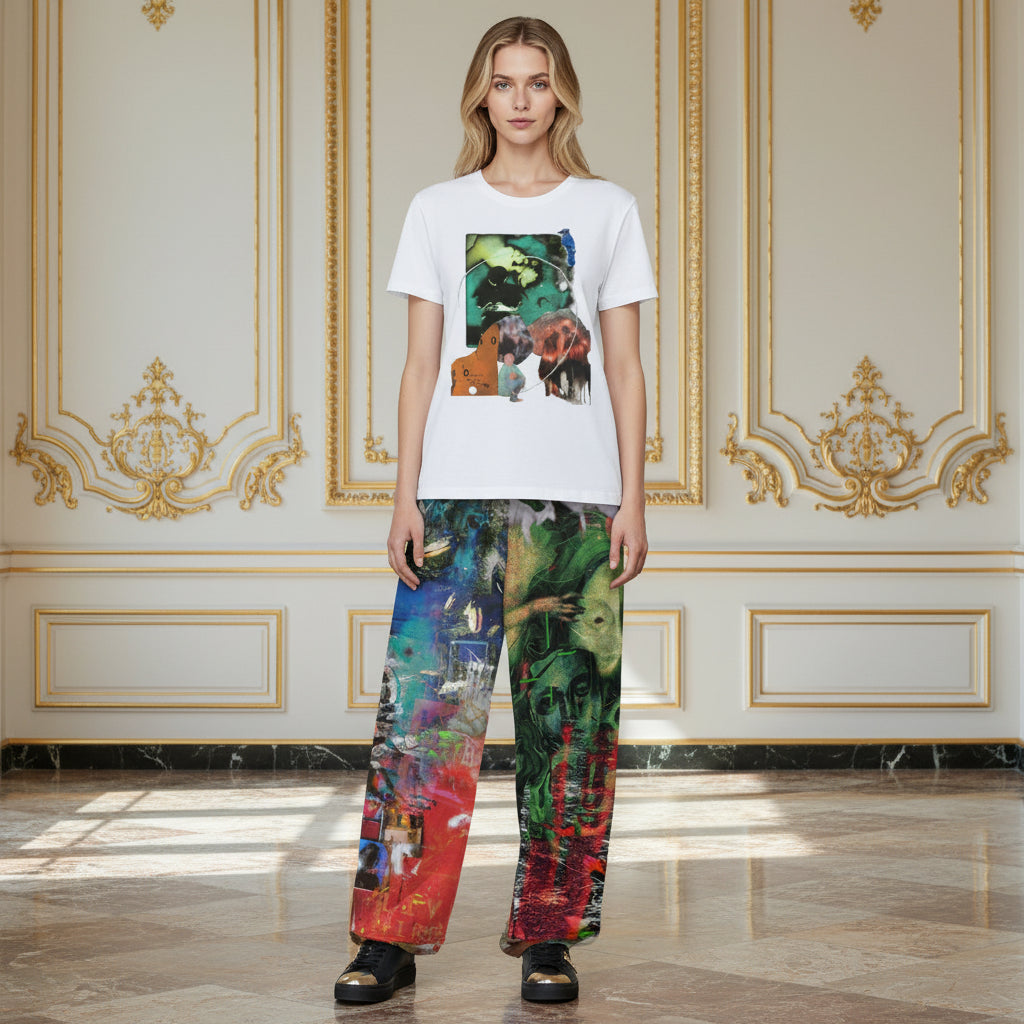A woman stands in a grand, ornate room wearing a white graphic t-shirt and wide-leg pants with a vibrant, multicolored abstract art print. She is wearing black slide sandals.