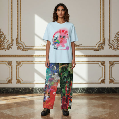 A model stands in a grand room with gold-trimmed cream walls, wearing a light blue graphic T-shirt and highly colorful, abstract-patterned wide-leg pants.
