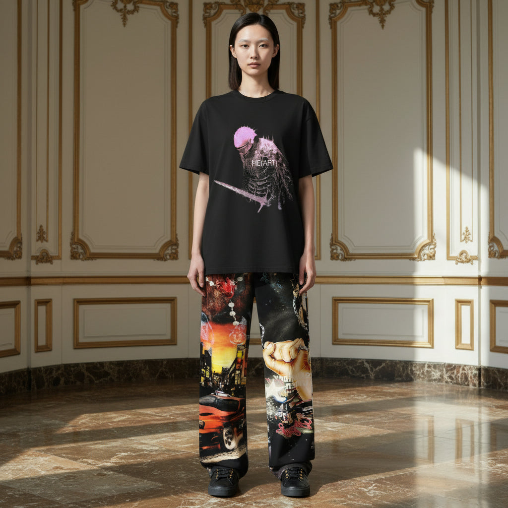 A model stands in a grand, classical room wearing a black graphic t-shirt and matching black wide-leg pants with a highly detailed, colorful collage print on the legs.