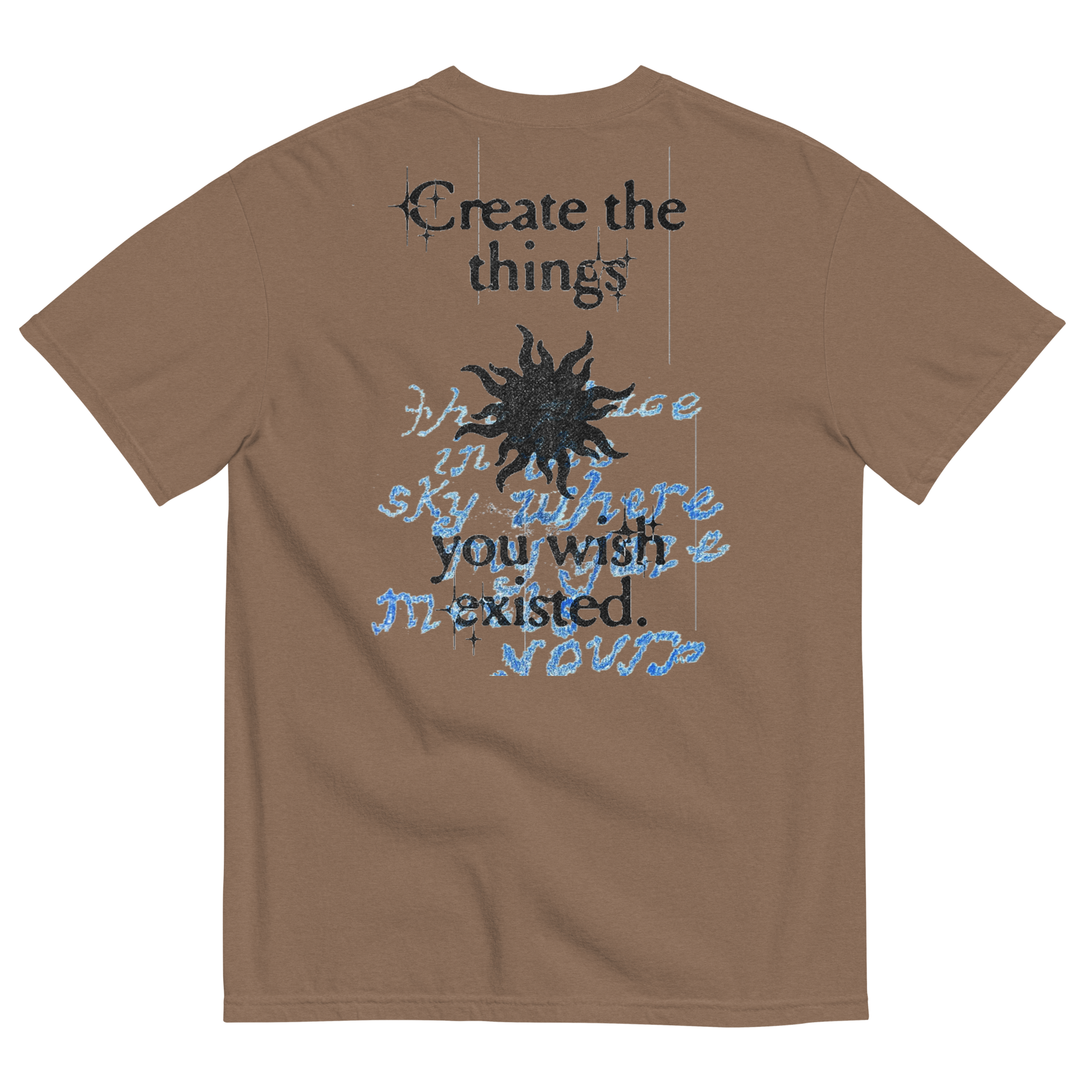 Brown t-shirt with text and sun graphic on the back, on a white background