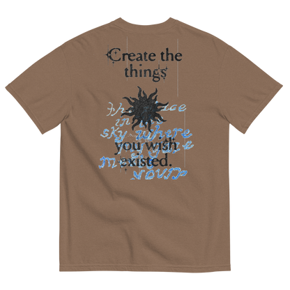 Brown t-shirt with text and sun graphic on the back, on a white background