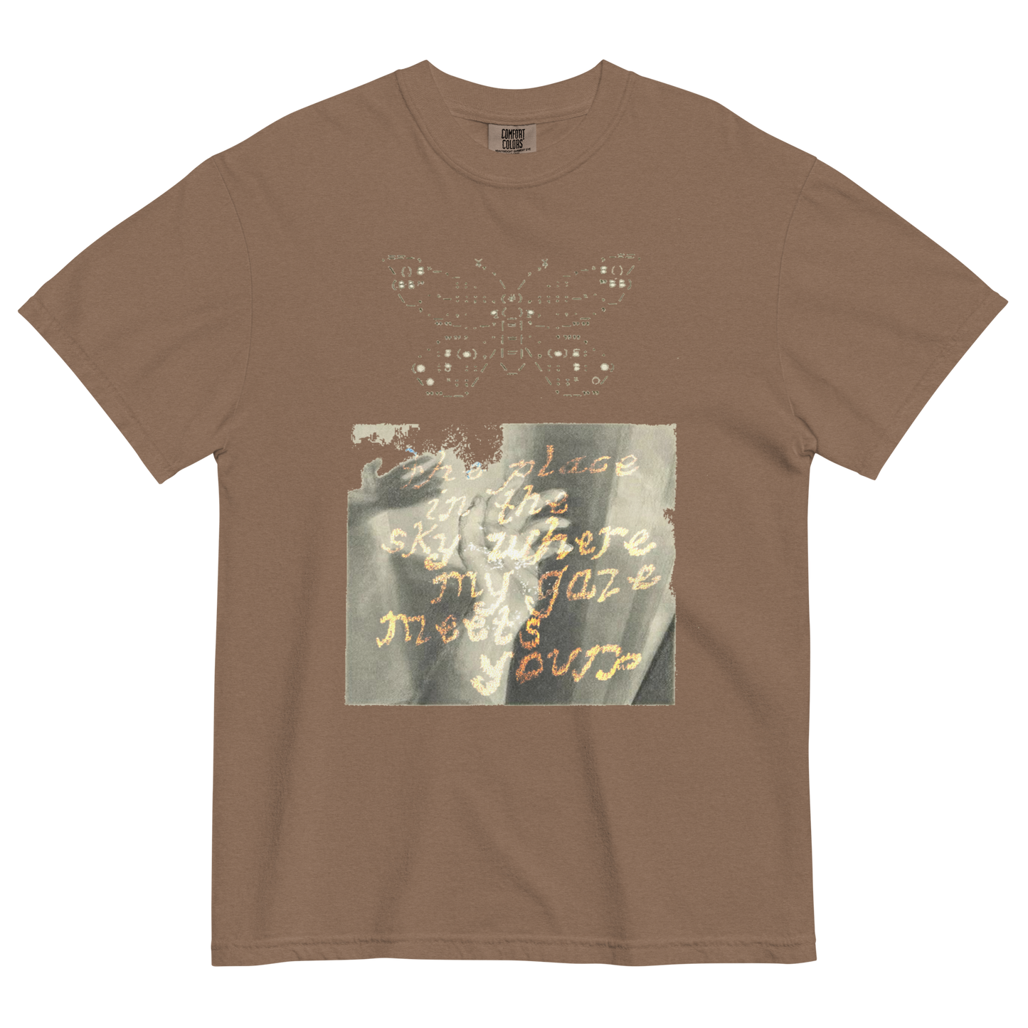 Brown t-shirt with butterfly design and text on a white background