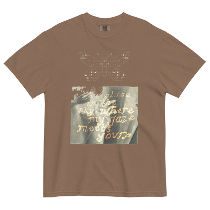 Brown t-shirt with butterfly design and text on a white background