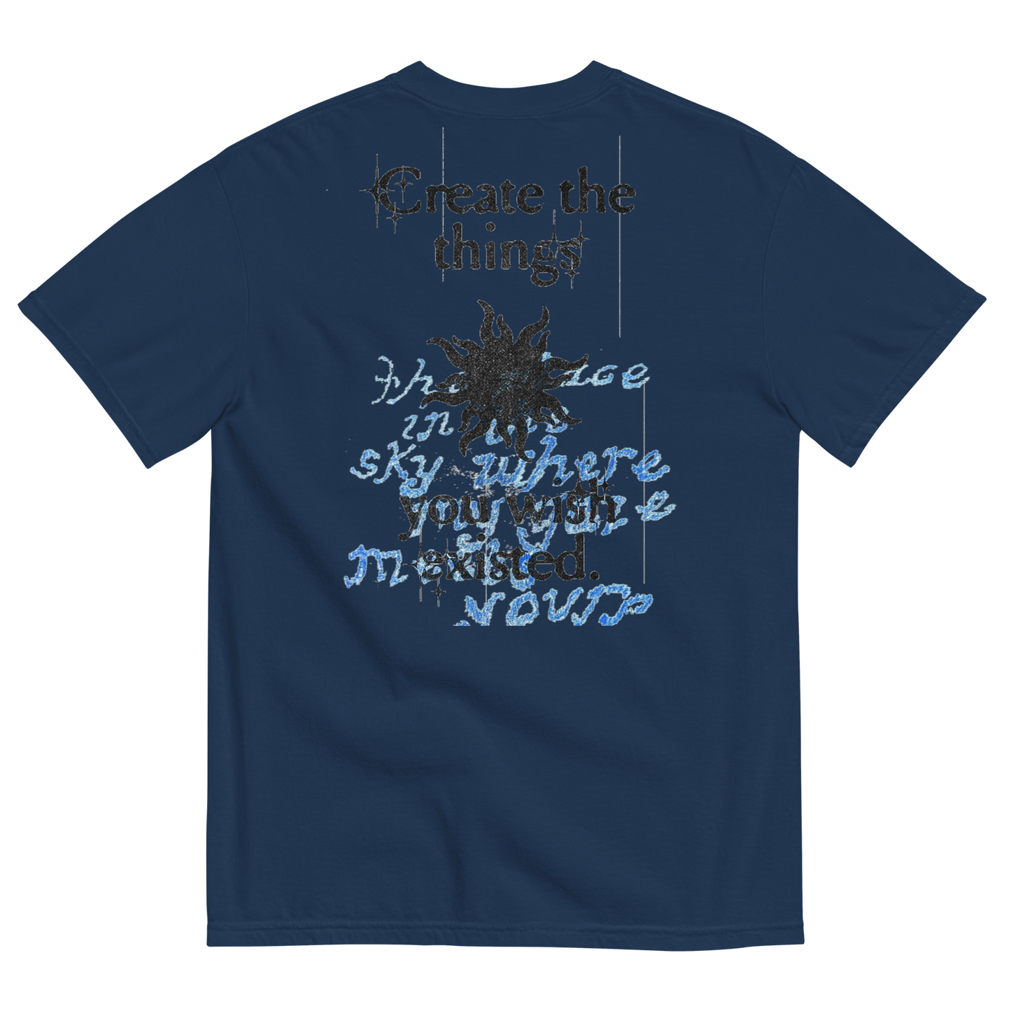 Navy blue t-shirt with text and star design on a white background