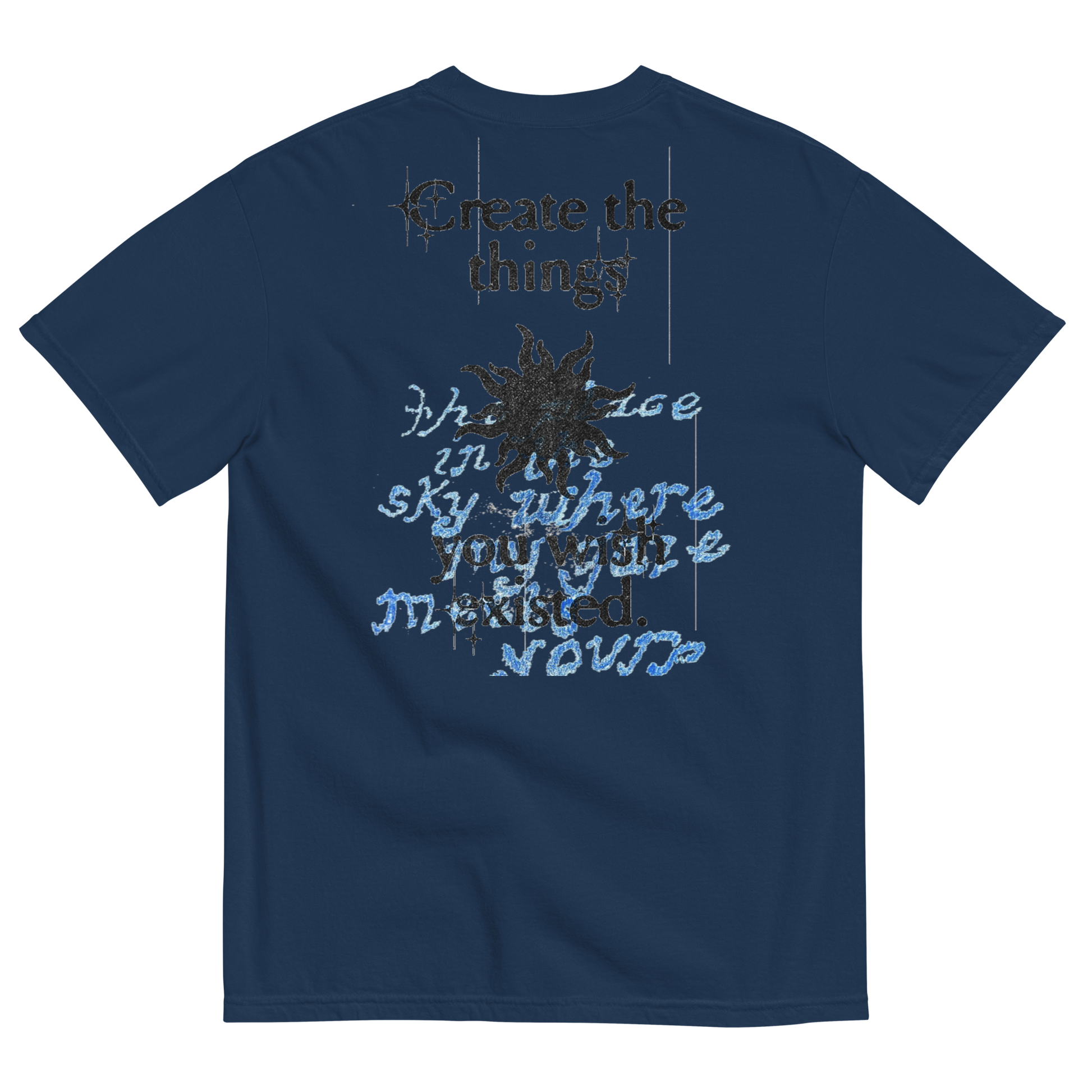 Navy blue t-shirt with text and star design on a white background