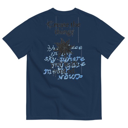 Navy blue t-shirt with text and star design on a white background