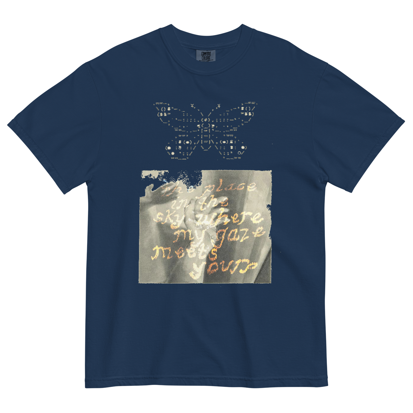 Navy blue t-shirt with butterfly design and text on a white background
