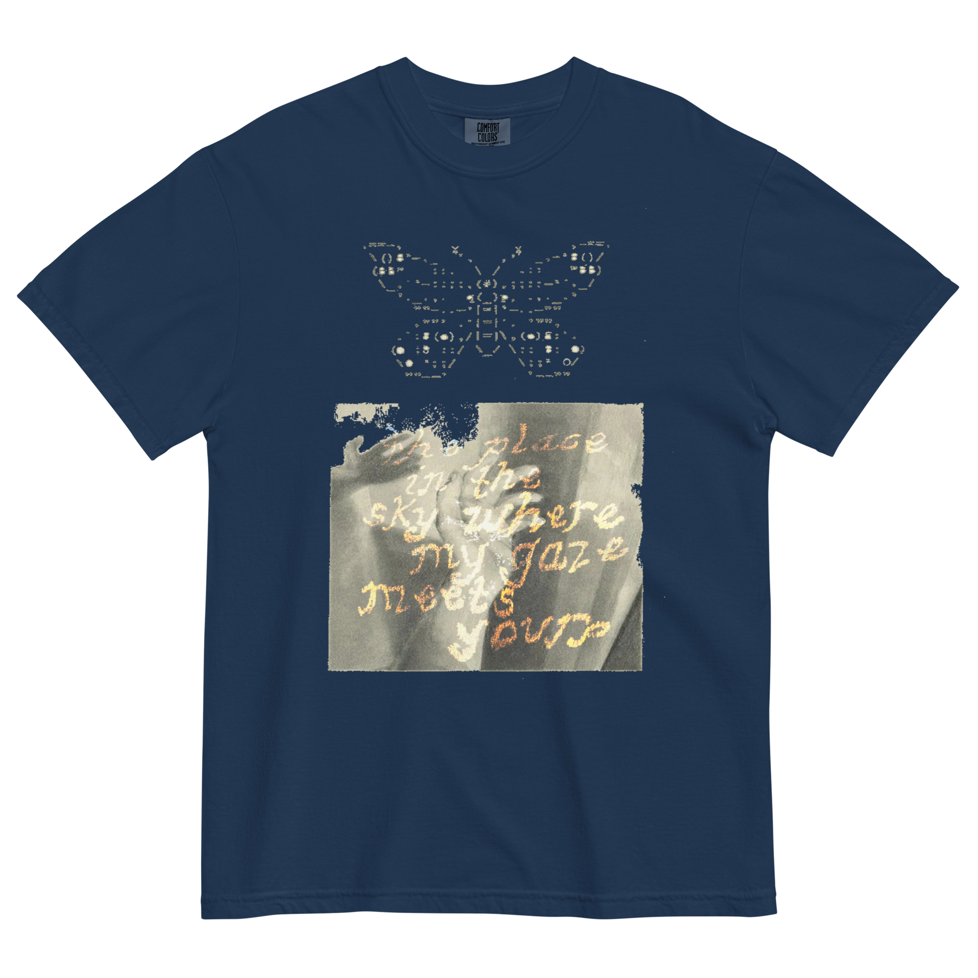 Navy blue t-shirt with butterfly design and text on a white background