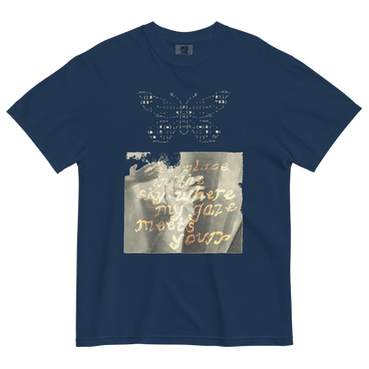 Navy blue t-shirt with butterfly design and text on a white background