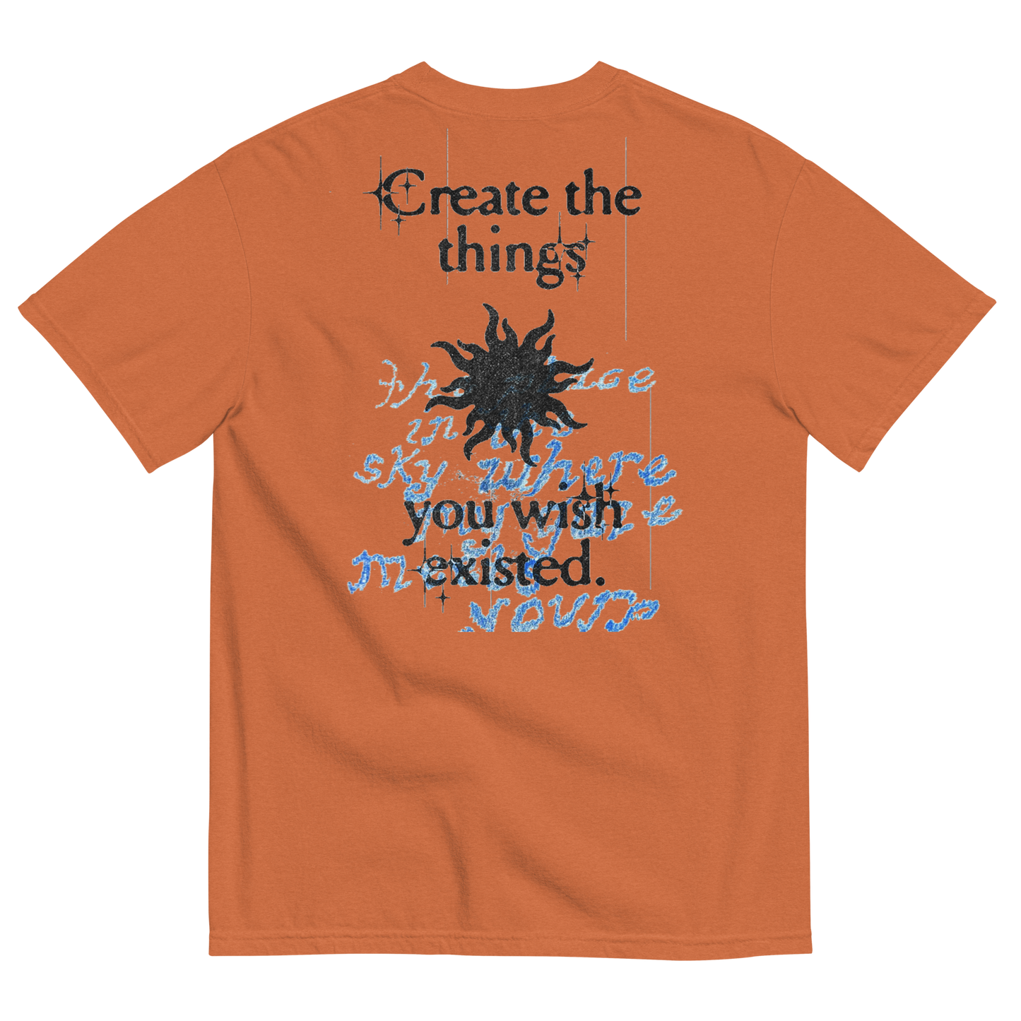 Orange t-shirt with text and sun graphic on the back, on a white background