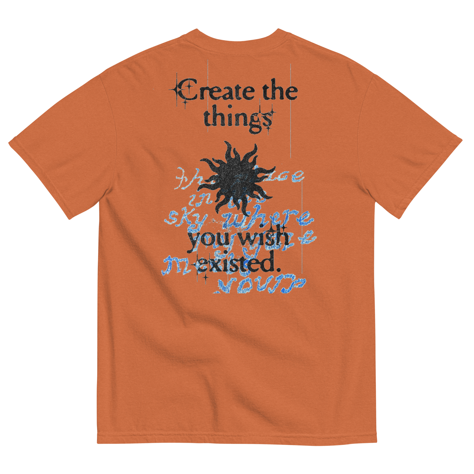 Orange t-shirt with text and sun graphic on the back, on a white background