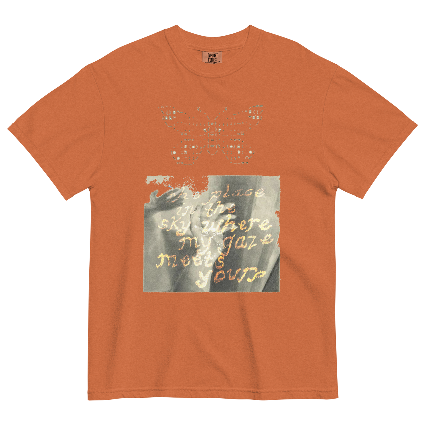 Orange t-shirt with butterfly design and text on a white background