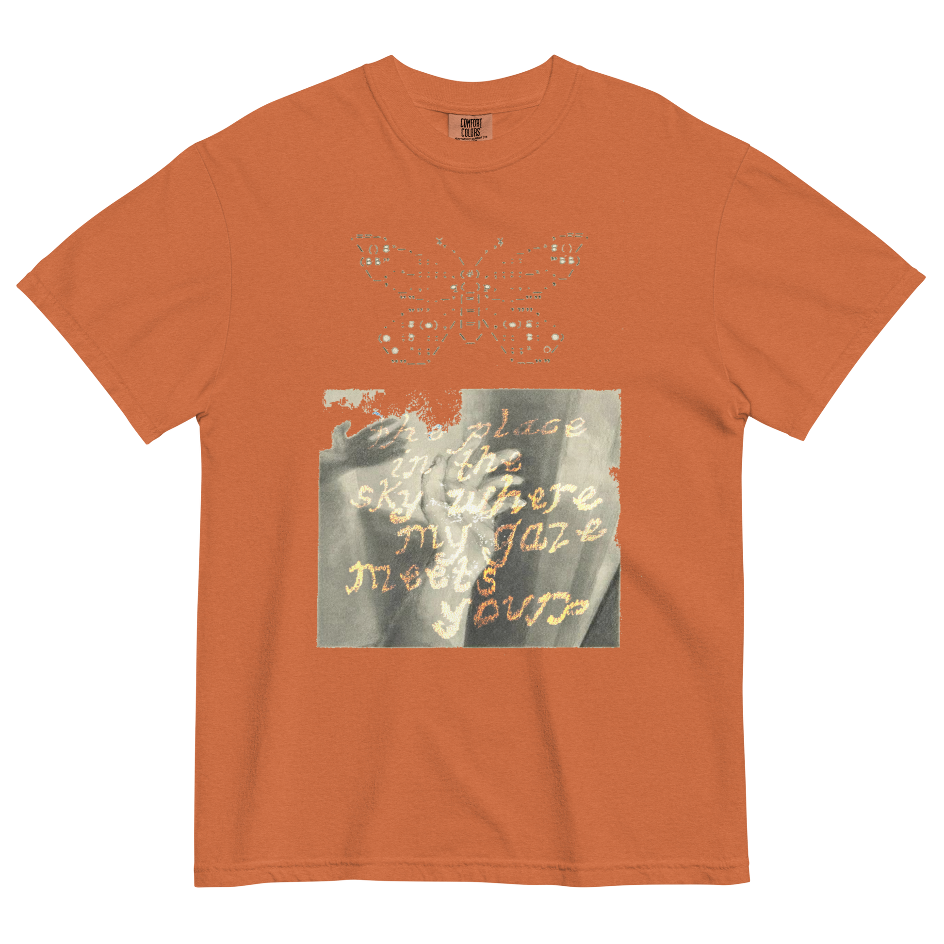 Orange t-shirt with butterfly design and text on a white background