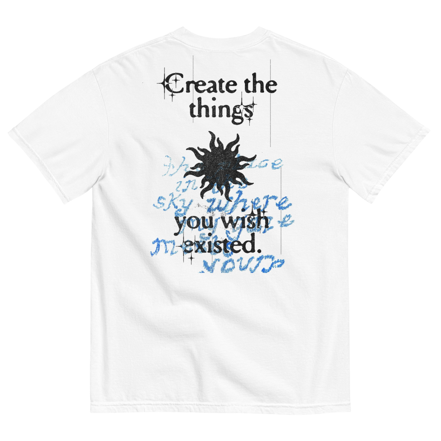 White t-shirt with black and blue text and graphics on a white background