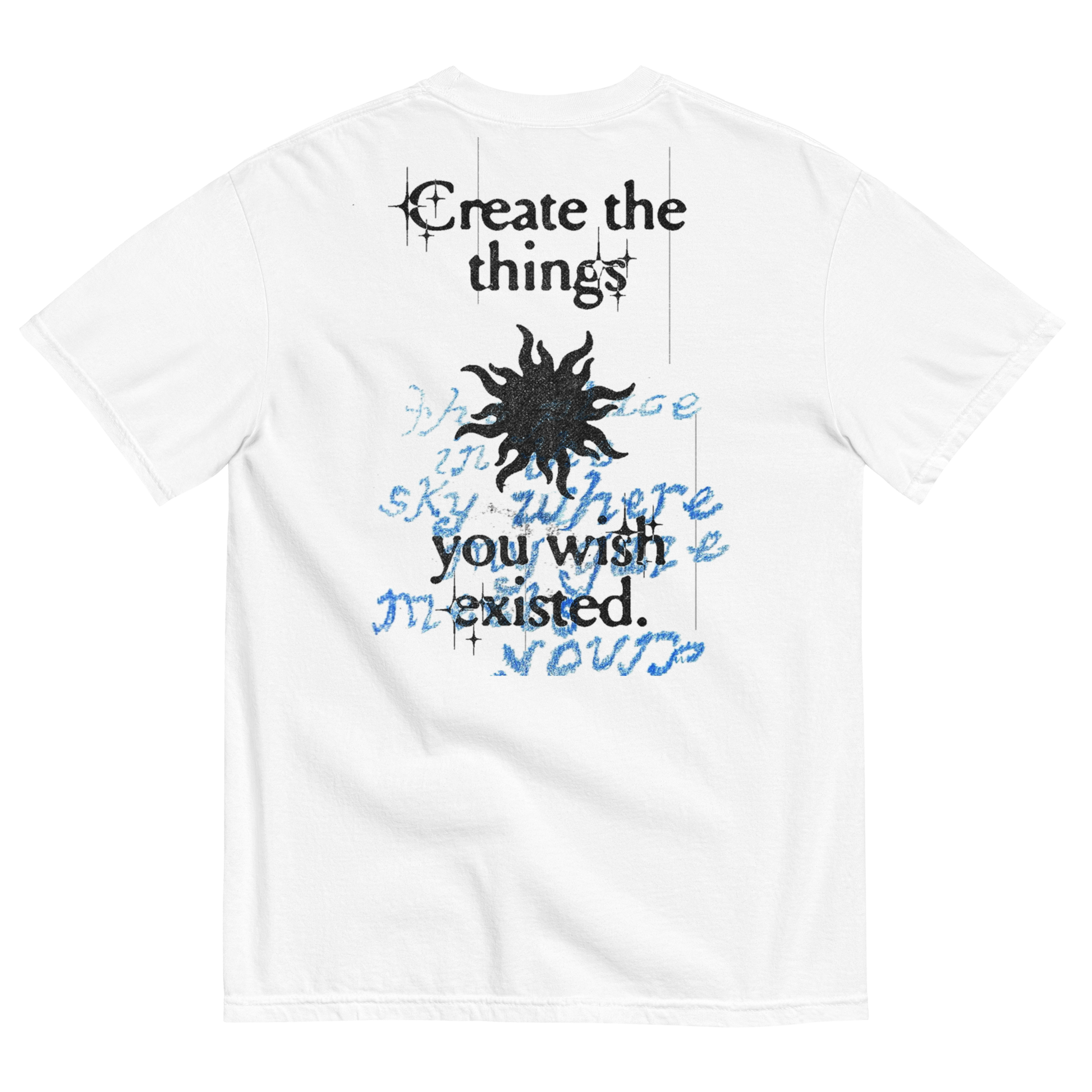 White t-shirt with black and blue text and graphics on a white background