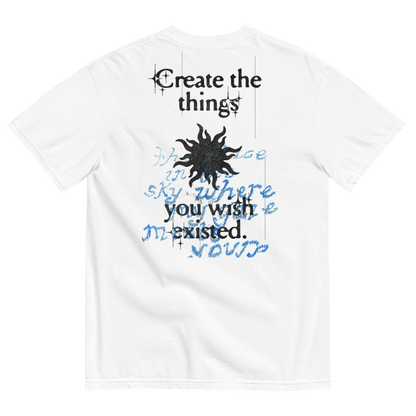 White t-shirt with black and blue text and graphics on a white background