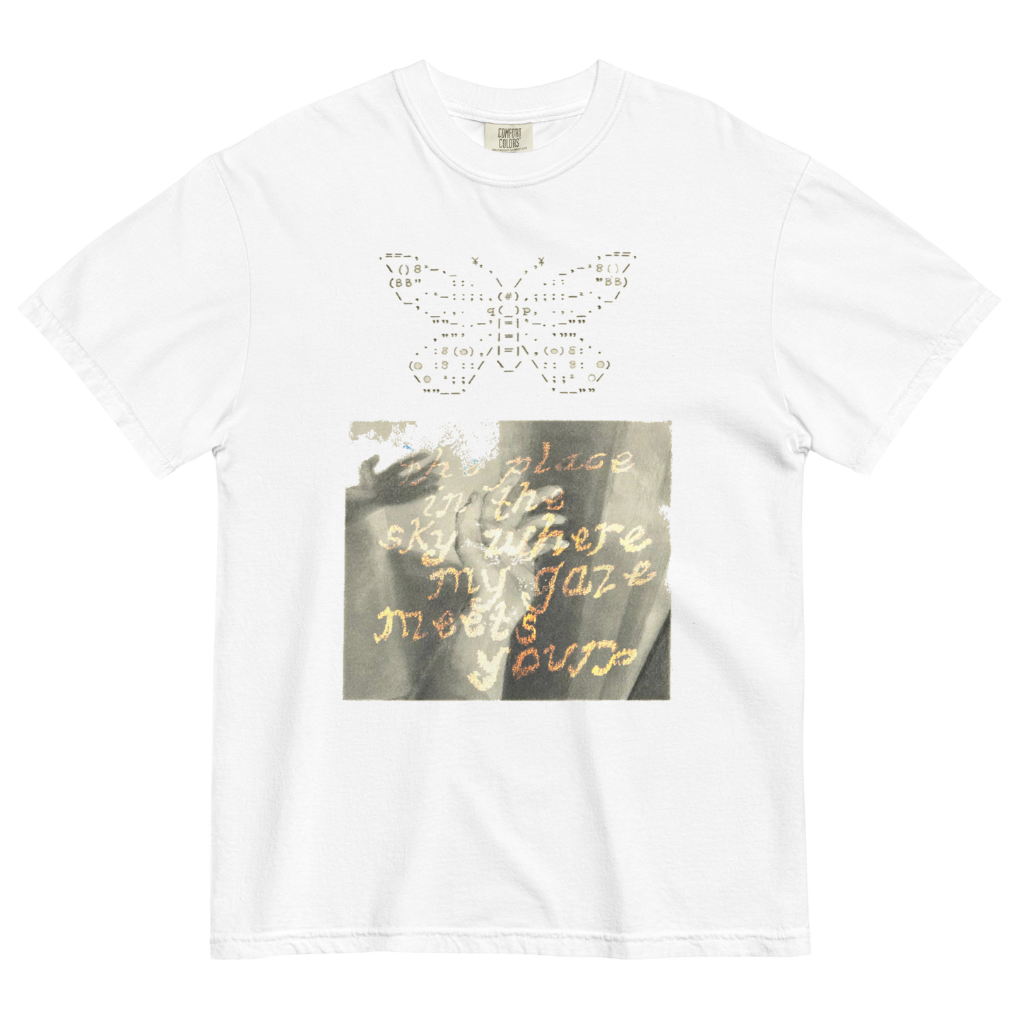 White t-shirt with butterfly design and text on a white background
