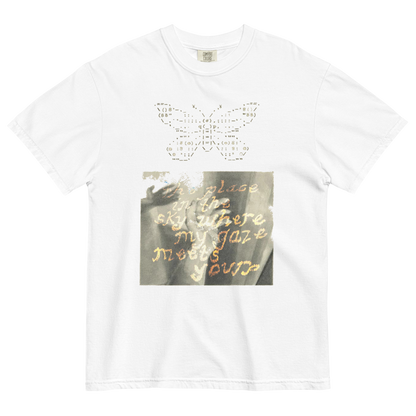 White t-shirt with butterfly design and text on a white background