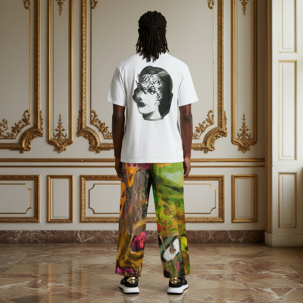 A man stands with his back to the camera in an ornate room with gold-trimmed cream walls and marble floors, wearing a white T-shirt with a large black-and-white portrait graphic on the back and colorful painterly pants.
