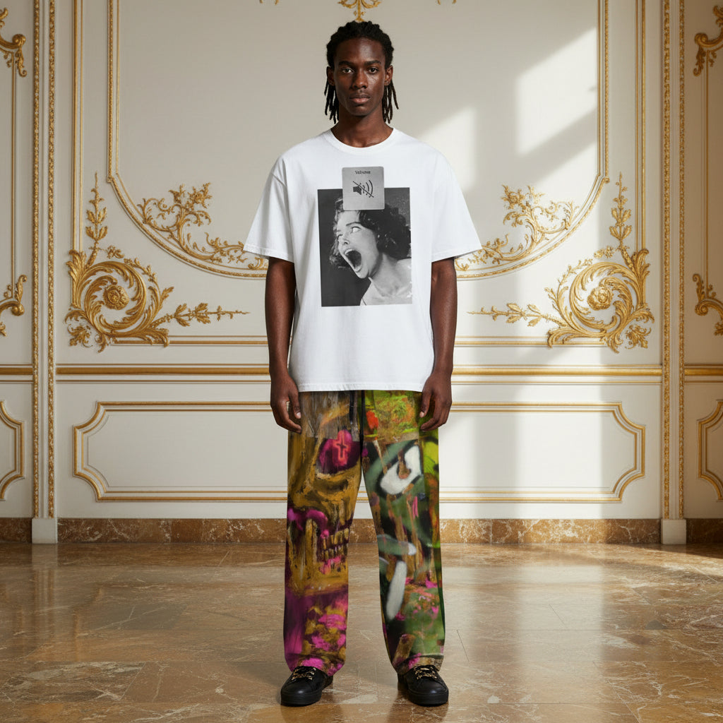 A model stands in a luxurious room with gold-trimmed cream walls and marble floors, wearing a white graphic t-shirt and colorful abstract patterned trousers.