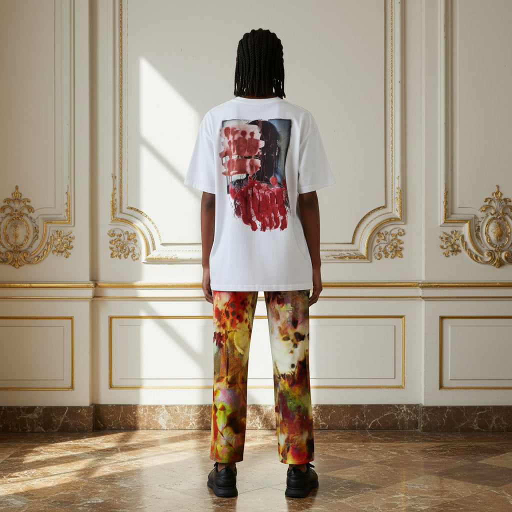 A model stands with their back to the camera in a grand, classical room with gold-trimmed cream walls. They are wearing a white oversized T-shirt featuring a large red and black graphic print on the back, paired with colorful tie-dye pants in shades of yellow, red, green, and blue, and black shoes.