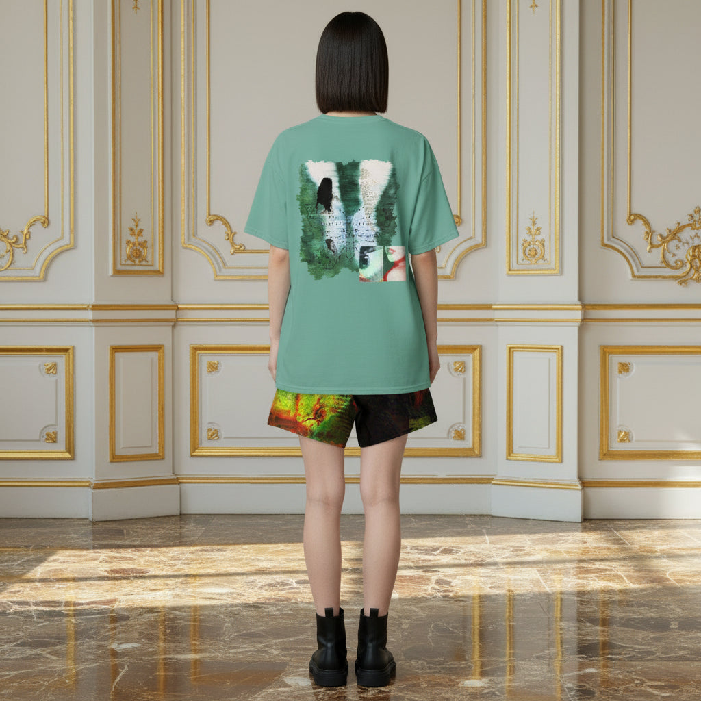 RICH NONSENSE PREMIUM ORGANIC COTTON TSHIRT SURREAL DESIGN MODEL BACK WAIT OUTSIDE IN RAIN