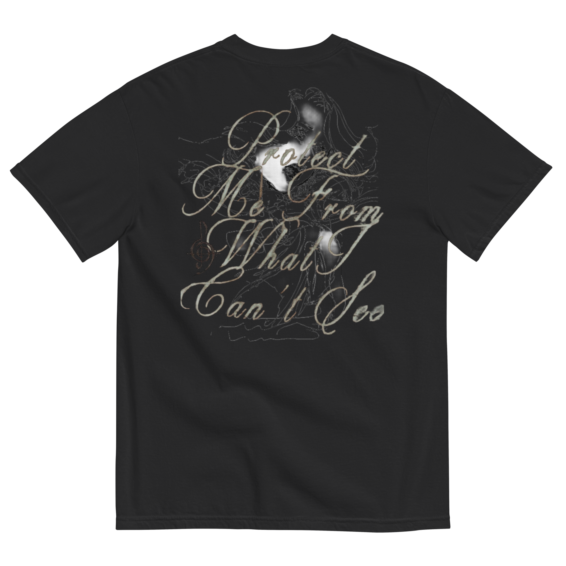Black short-sleeve t-shirt showing the back side with a large graphic print. The graphic features a sketch of a woman with long hair, a musical staff line, and cursive text reading 'Dreaming From What I Can't See' in a muted gray-green color.