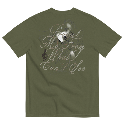 An olive green short-sleeve t-shirt shown from the back, featuring a stylized graphic with the text 'Protect Me From What I Can't See' in a light gray script font, accompanied by a small black treble clef symbol.