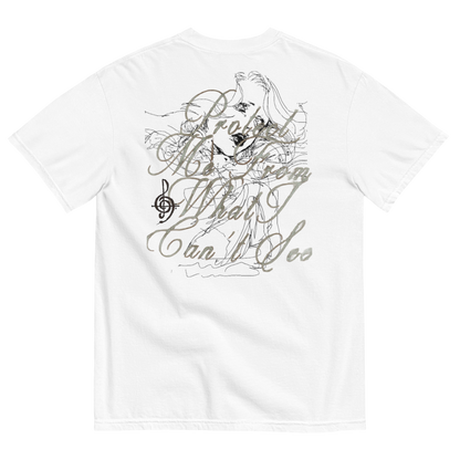 White short-sleeve t-shirt showing the back side with a large graphic print. The graphic features a sketch of a woman with long hair, a musical staff line, and cursive text reading 'Dreaming From What I Can't See' in a muted gray-green color.