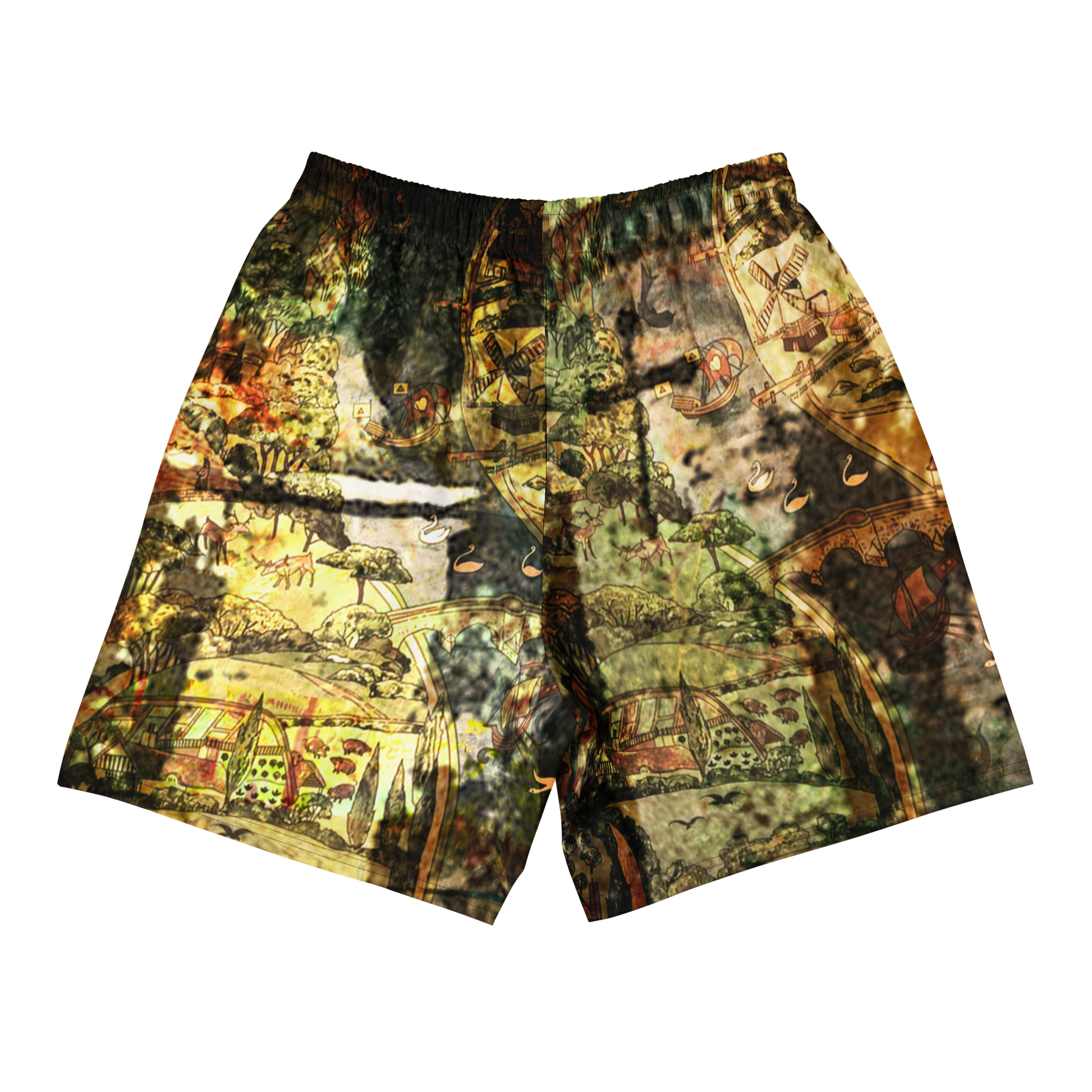 A pair of athletic shorts featuring an all-over sublimation print of an ancient, mystical landscape with figures, trees, and architectural elements in earthy tones of green, brown, and gold.