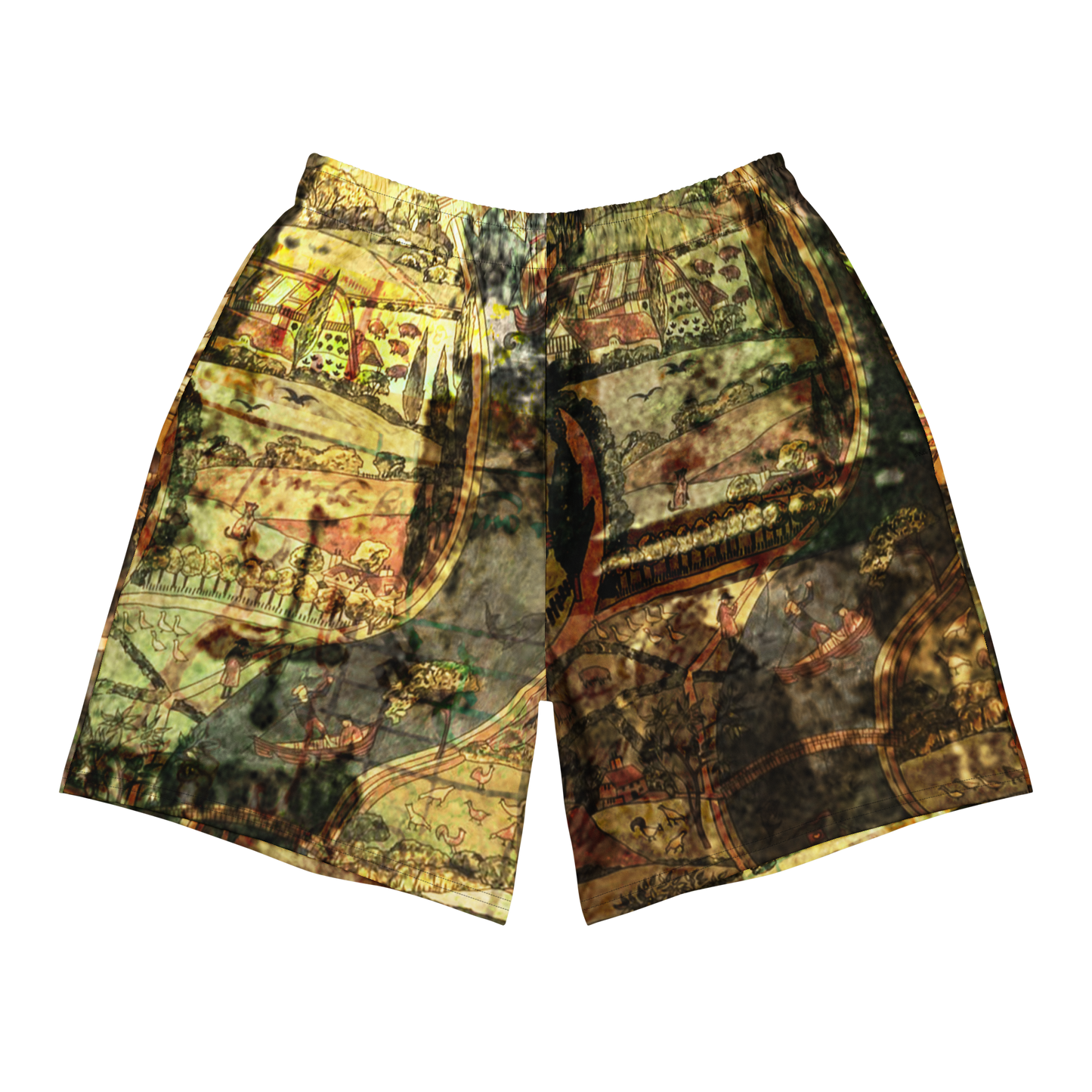 A pair of casual shorts featuring an all-over vintage map print with a dark, moody overlay. The pattern contains shades of brown, beige, and black, with illustrated details of old cartography and dark silhouetted shapes.