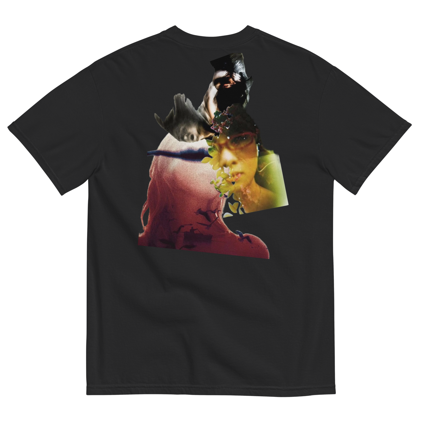 Black t-shirt with a colorful graphic design on a white background