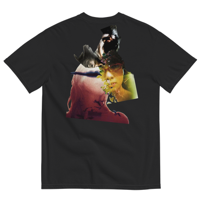 Black t-shirt with a colorful graphic design on a white background