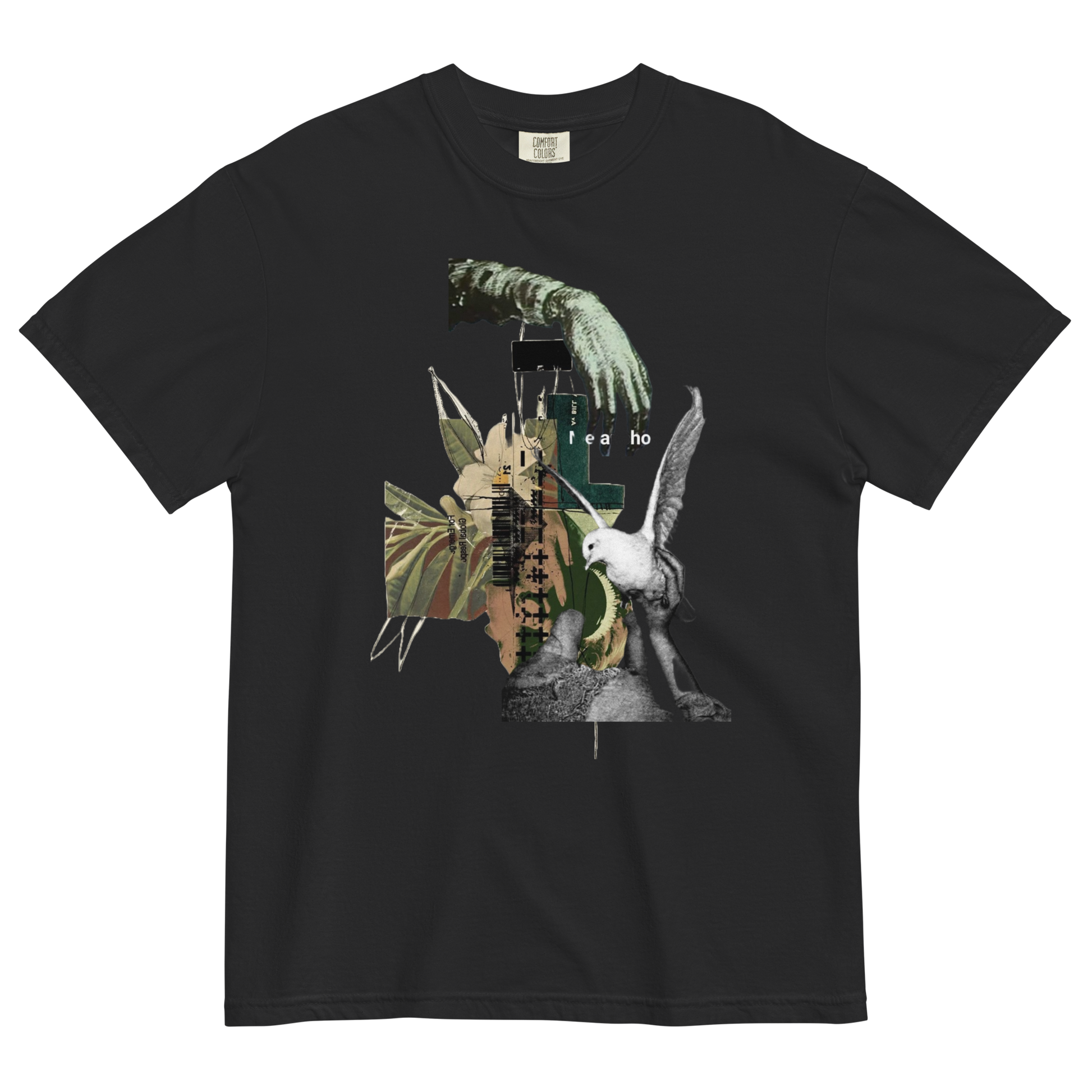 Black t-shirt with a collage of images including a hand, bird, and abstract elements on a white background.