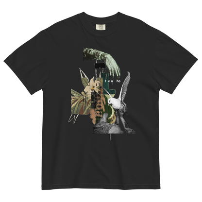 Black t-shirt with a collage of images including a hand, bird, and abstract elements on a white background.