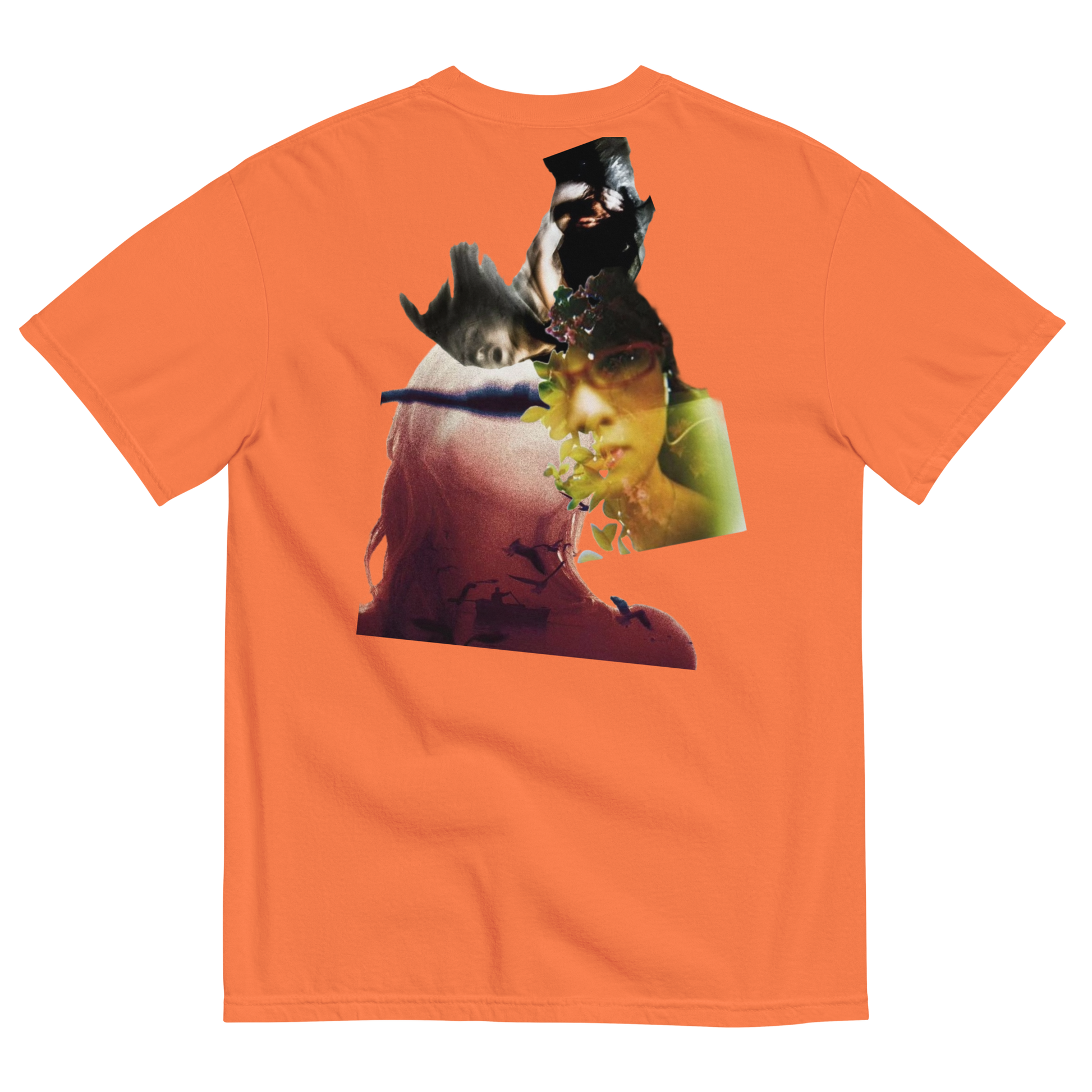 Orange t-shirt with a graphic design of a person's face and animals on a white background