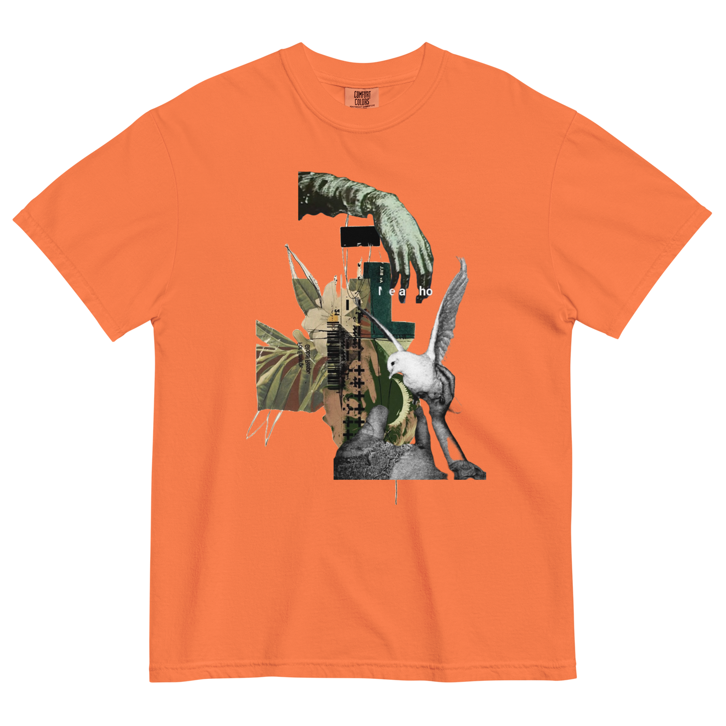 Orange t-shirt with a collage design featuring a hand, bird, and other elements on a white background.