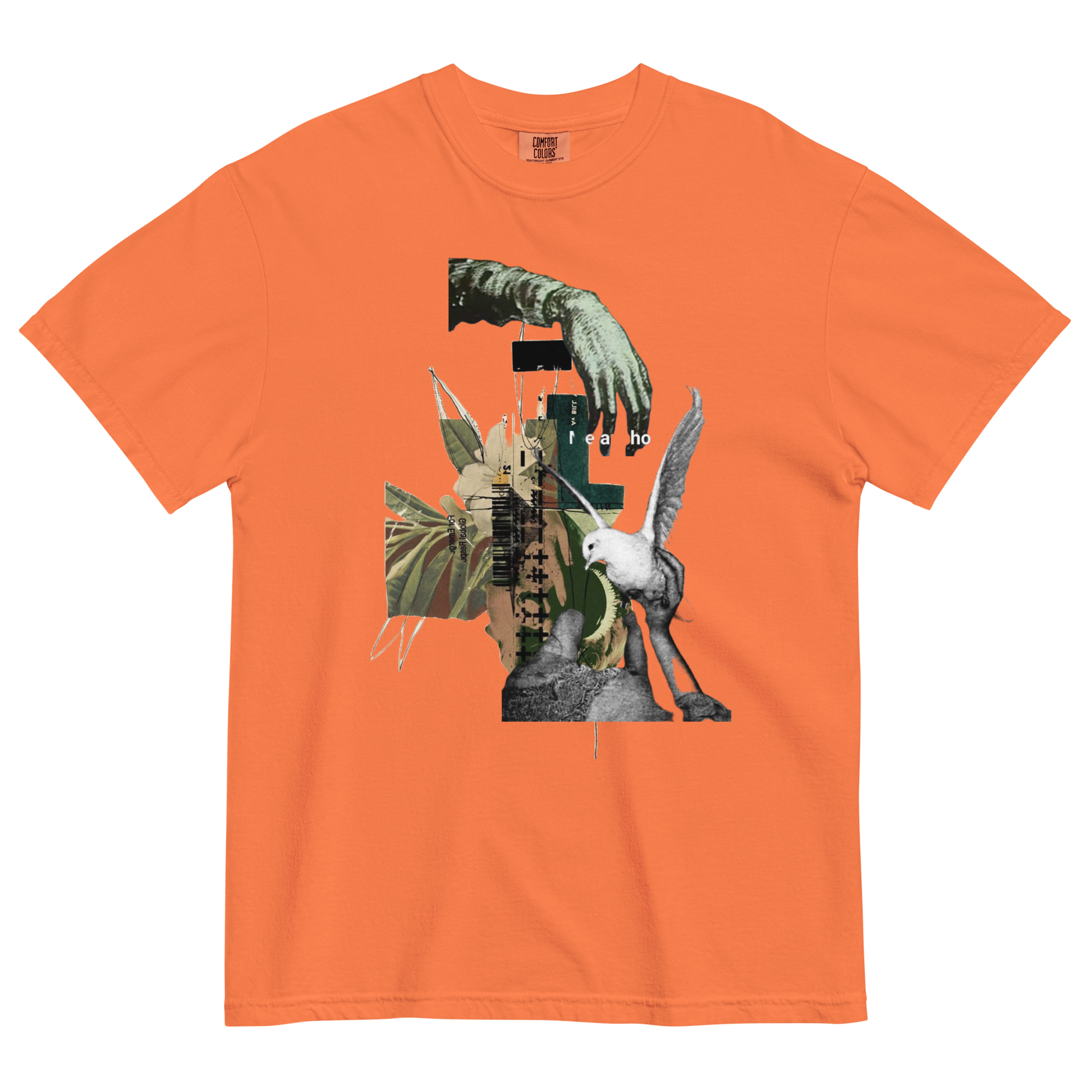 Orange t-shirt with a collage design featuring a hand, bird, and other elements on a white background.