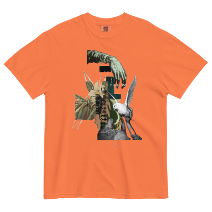 Orange t-shirt with a collage design featuring a hand, bird, and other elements on a white background.