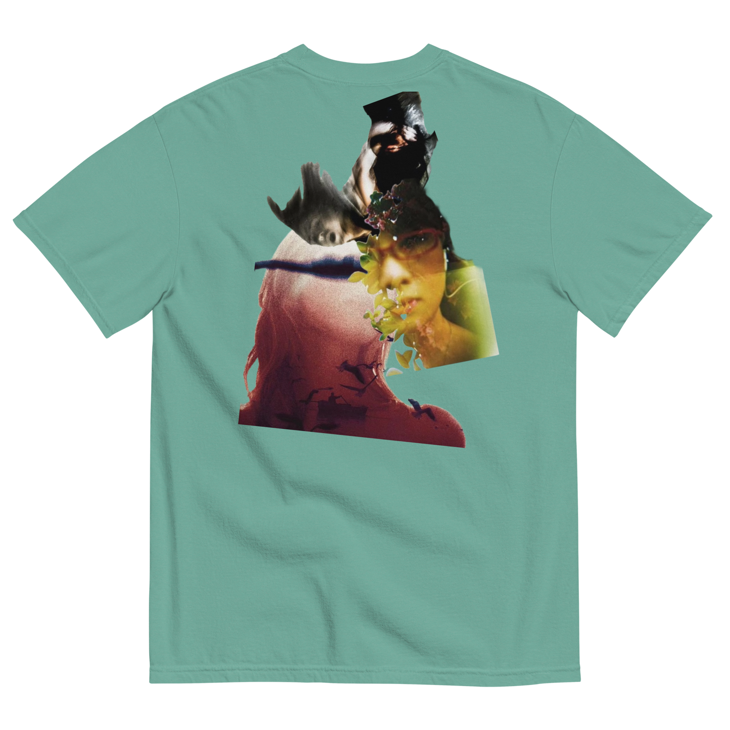 Green t-shirt with a graphic design on the back featuring a person with a hat and sunglasses.