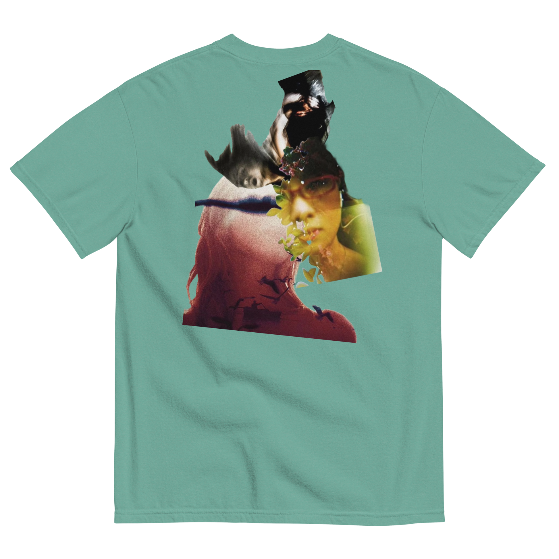 Green t-shirt with a graphic design on the back featuring a person with a hat and sunglasses.