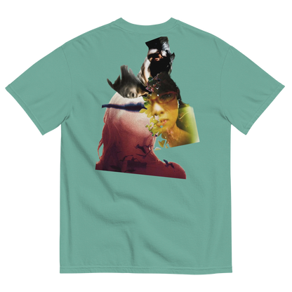 Green t-shirt with a graphic design on the back featuring a person with a hat and sunglasses.