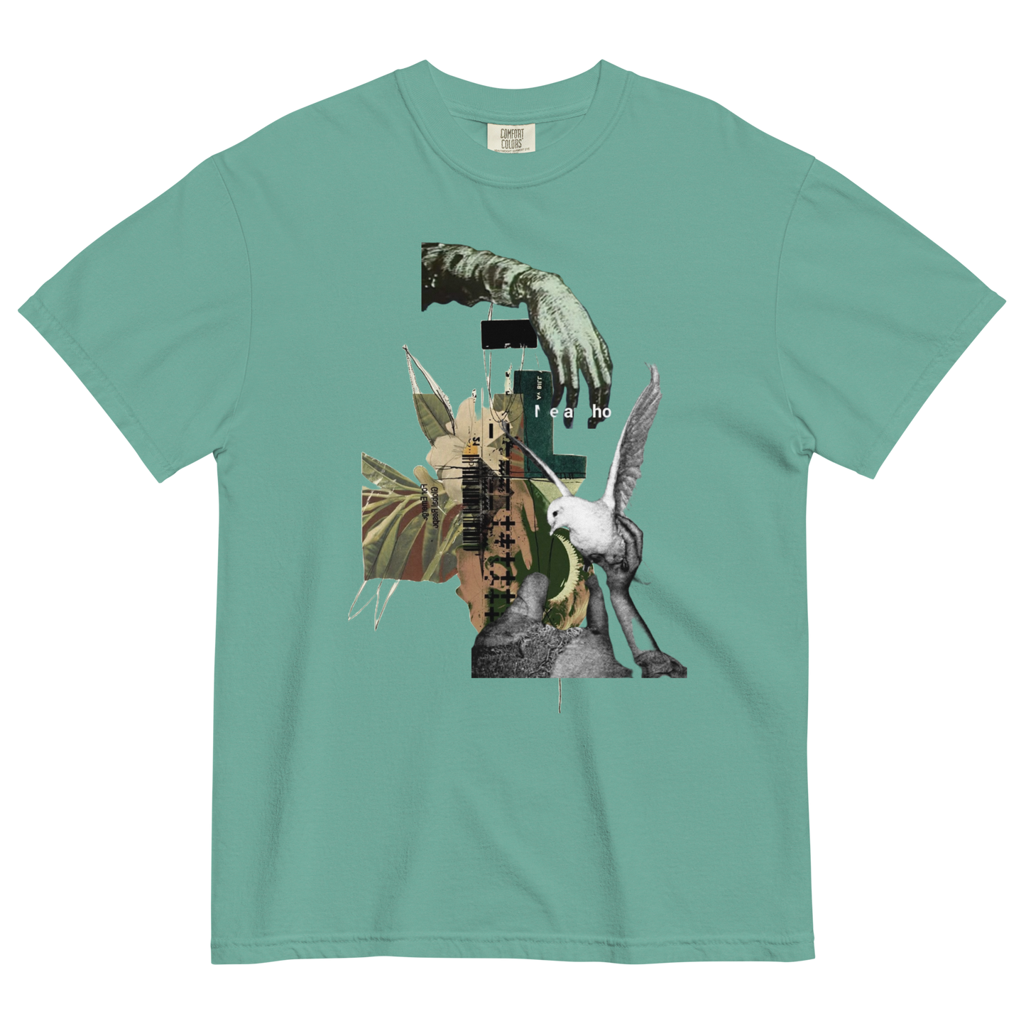 Teal t-shirt with a collage of images including a hand, bird, and abstract elements on a white background.