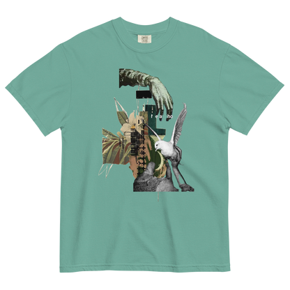 Teal t-shirt with a collage of images including a hand, bird, and abstract elements on a white background.