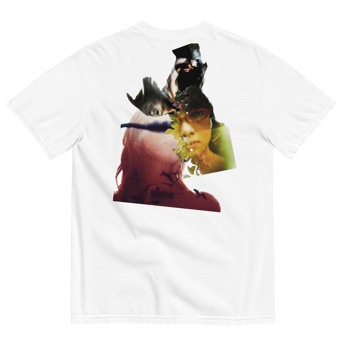 White t-shirt with a graphic design of a person with a top hat and sunglasses on a white background