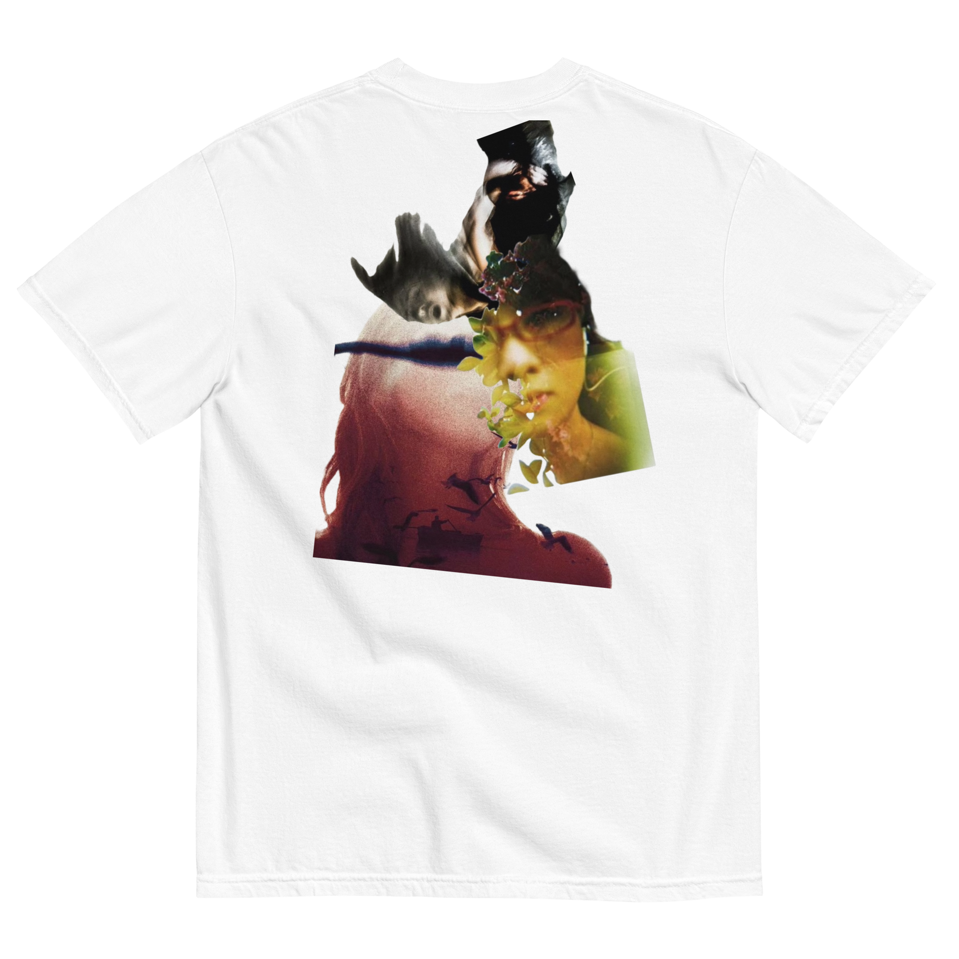 White t-shirt with a graphic design of a person with a top hat and sunglasses on a white background