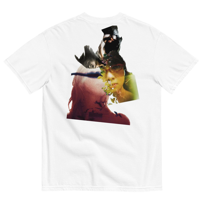 White t-shirt with a graphic design of a person with a top hat and sunglasses on a white background